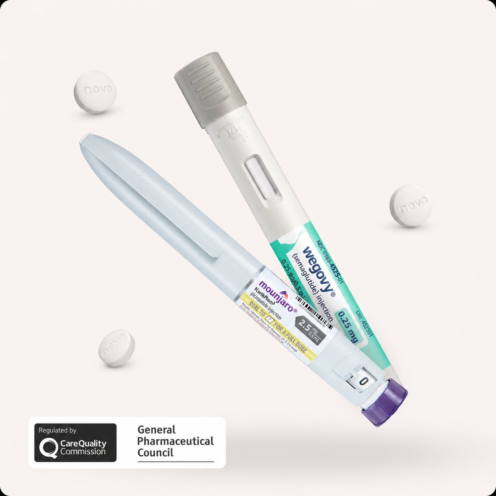 Weight loss treatment pens and tablets, with the Care Quality Commission and General Pharmaceutical Council regulator marks